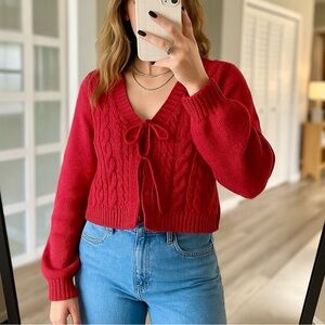 Red Cable Knit Tie-Front Sweater Women's Size S Soft Acrylic Pullover